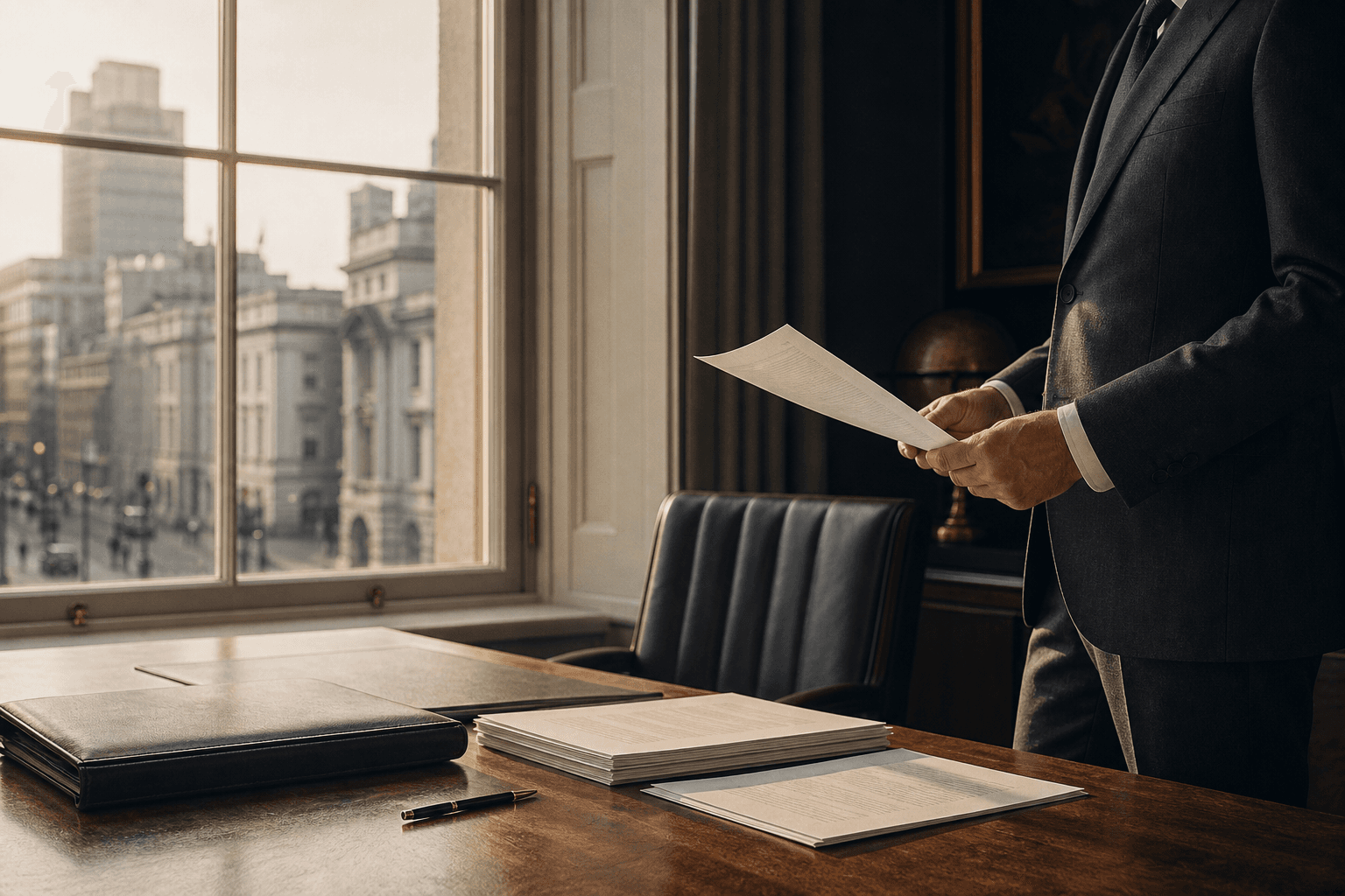 A London office overlooking the City, with company accounts laid out on a desk
